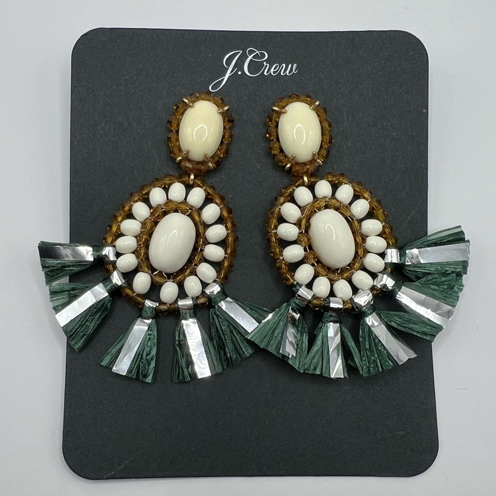 NWT! J. Crew Bead and Raffia Fringe Stone Drop Earrings And Dust Bag